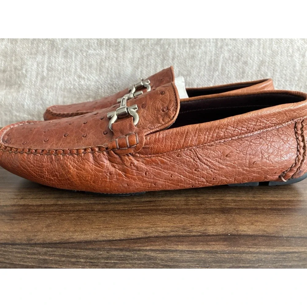 Boozie & Co Genuine Ostrich Quill Driving Moccasins Bit Loafer Cognac Tan Sz 8